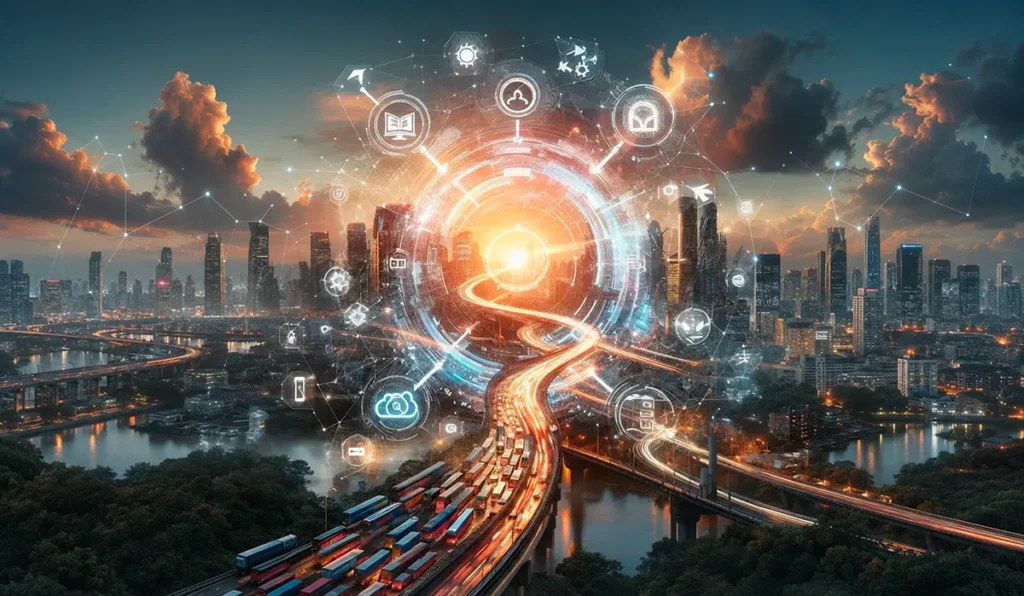 Ciudad conectada por una red digital con una carretera hacia un núcleo luminoso que representa la transformación digital