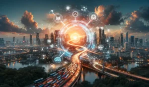 Ciudad conectada por una red digital con una carretera hacia un núcleo luminoso que representa la transformación digital