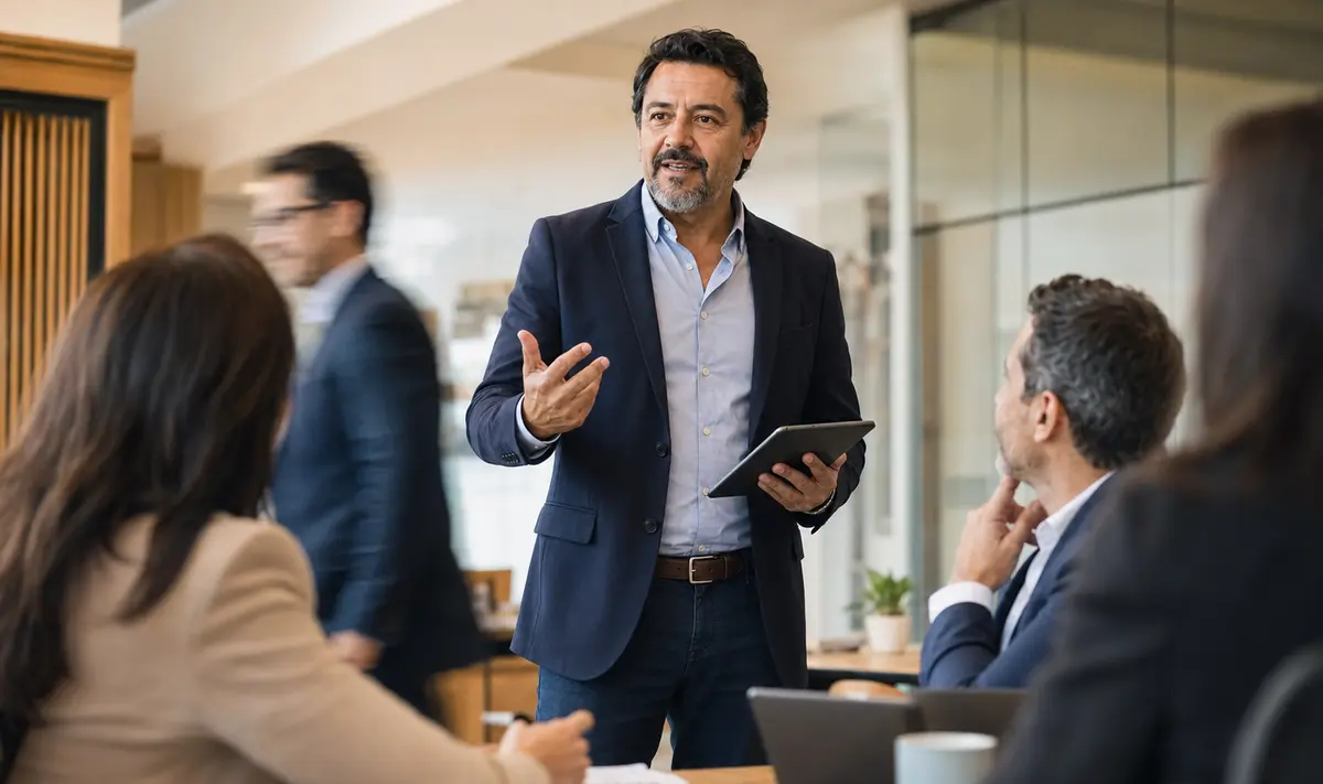 Facilitador experto guía a profesionales durante una sesión de transformación digital
