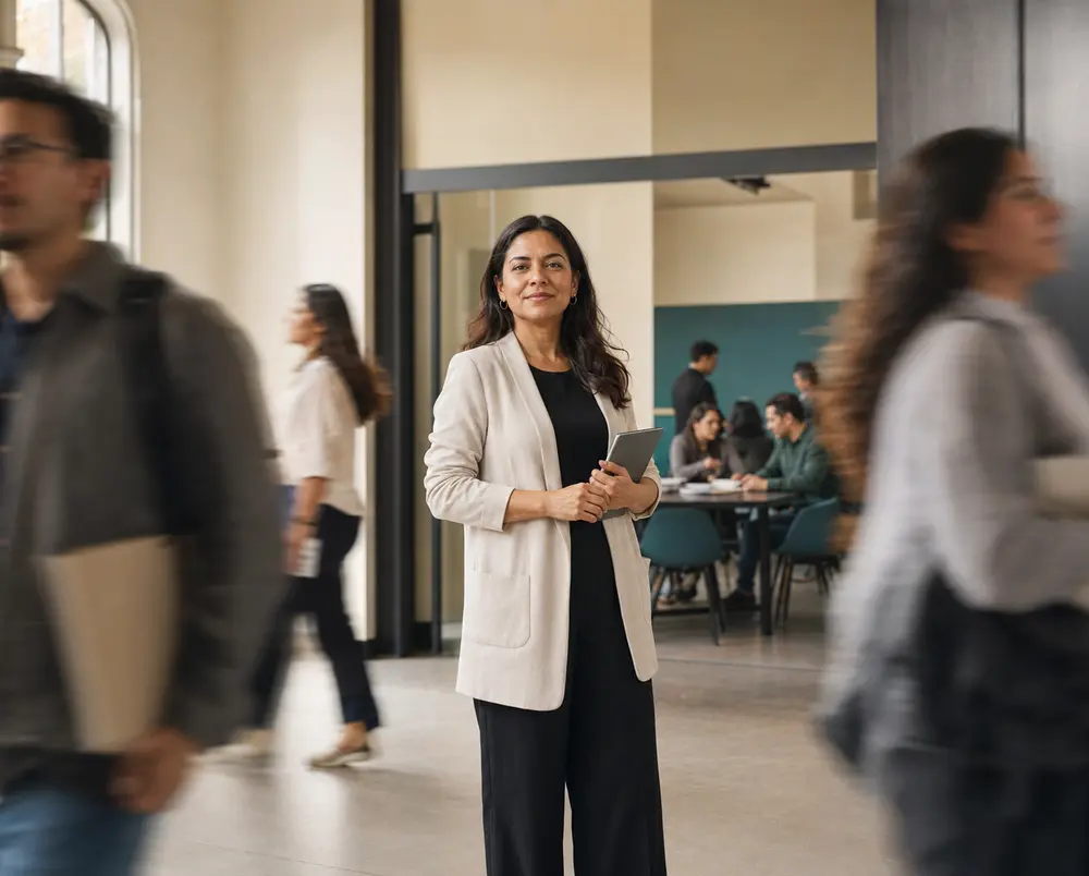 Docente universitaria con tableta permanece nítida mientras otros educadores avanzan en un entorno de aprendizaje