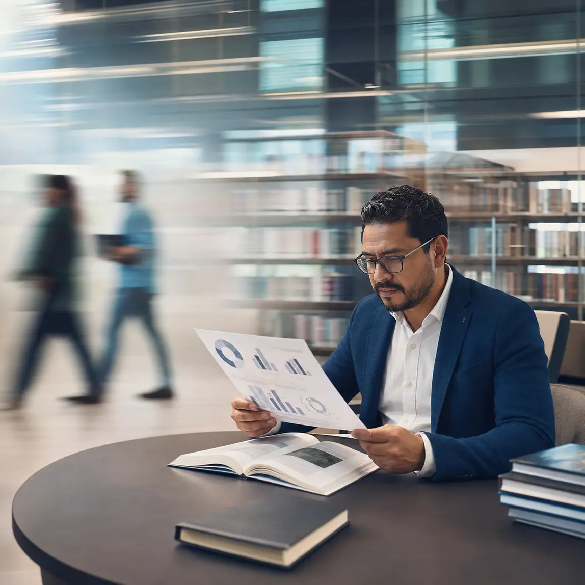 Investigador analiza informes y publicaciones sobre transformación digital en una biblioteca.