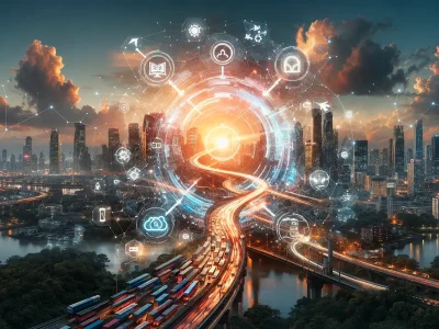 Ciudad conectada por una red digital con una carretera hacia un núcleo luminoso que representa la transformación digital